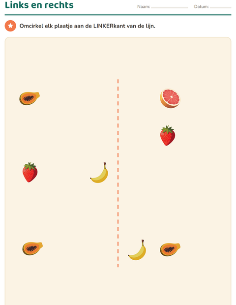 Voorbeeld van het Positiewoorden-werkblad met Fruit voor kleuterklas