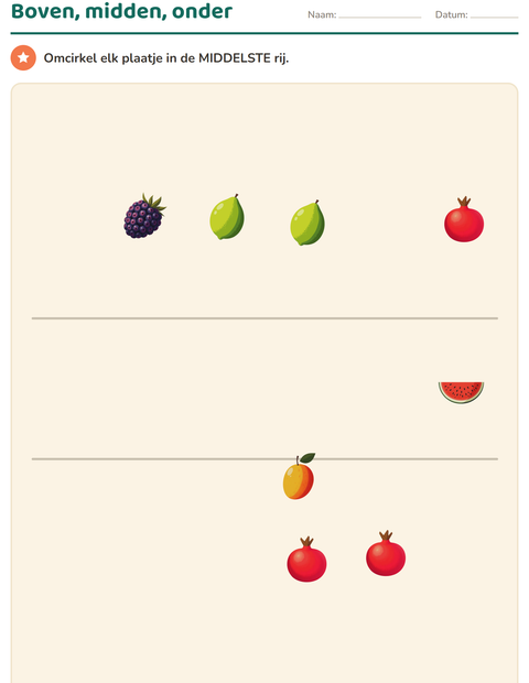 Voorbeeld van het Positiewoorden-werkblad met Fruit voor kleuterklas