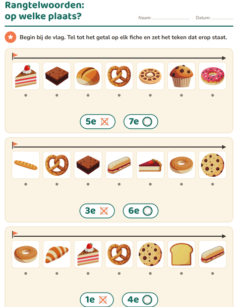 Voorbeeld van het Rangtelwoorden-werkblad met Bakkerij voor kleuterklas