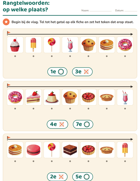 Voorbeeld van het Rangtelwoorden-werkblad met Desserts en snoep voor kleuterklas