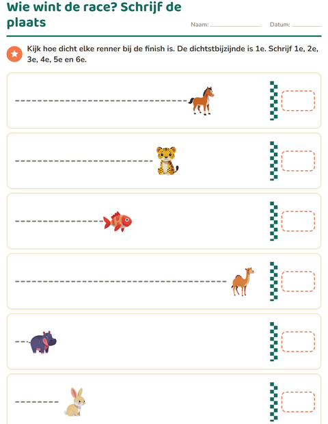 Voorbeeld van het Rangtelwoorden-werkblad met Dieren voor groep 3