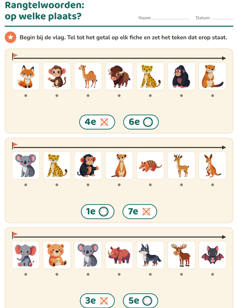 Voorbeeld van het Rangtelwoorden-werkblad met Dierentuindieren voor kleuterklas