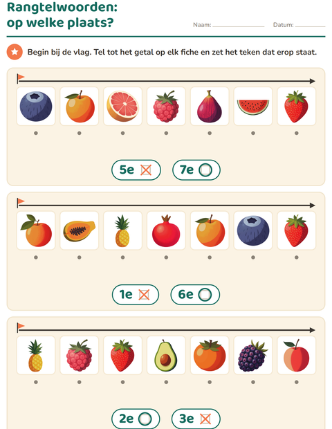 Voorbeeld van het Rangtelwoorden-werkblad met Fruit voor kleuterklas