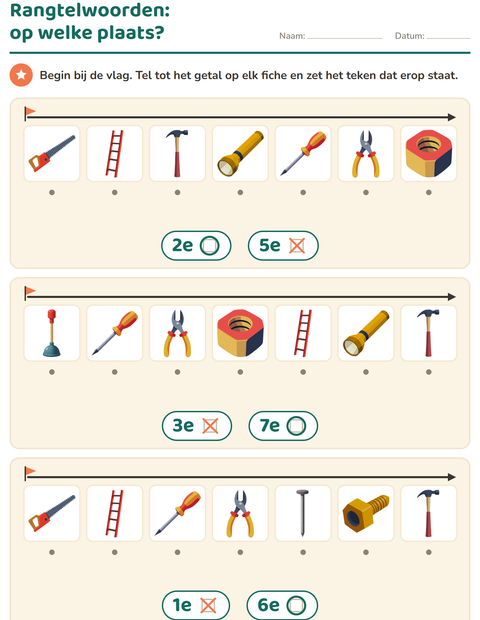 Voorbeeld van het Rangtelwoorden-werkblad met Gereedschap voor kleuterklas