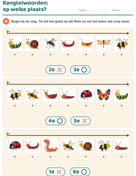 Voorbeeld van het Rangtelwoorden-werkblad met Insecten en beestjes voor kleuterklas