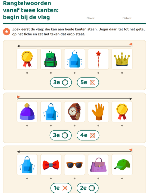 Voorbeeld van het Rangtelwoorden-werkblad met Accessoires voor kleuterklas