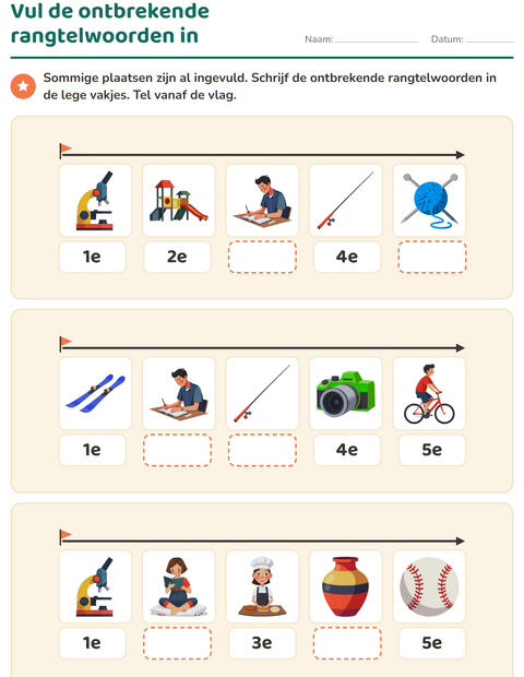 Voorbeeld van het Rangtelwoorden-werkblad met Activiteiten voor groep 3