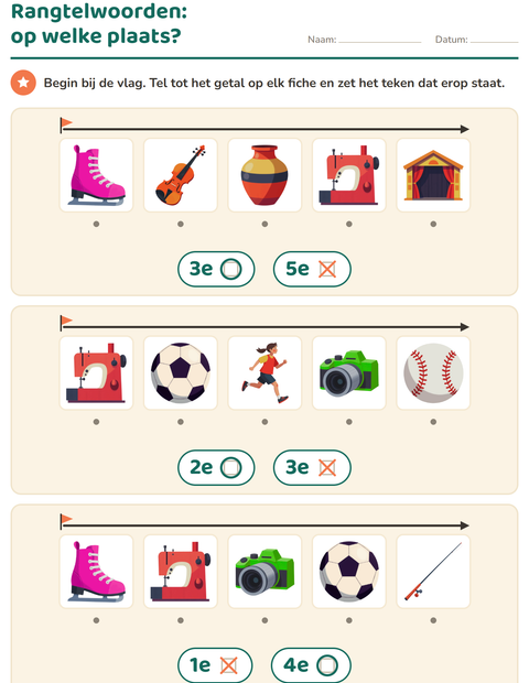 Voorbeeld van het Rangtelwoorden-werkblad met Activiteiten voor kleuterklas