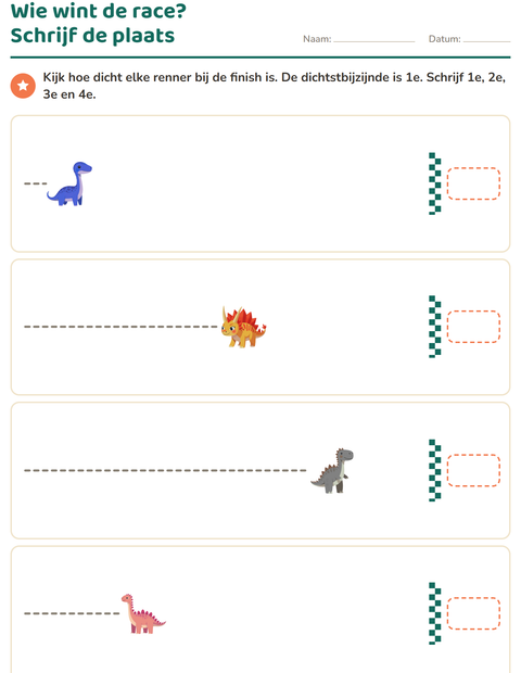 Voorbeeld van het Rangtelwoorden-werkblad met Dinosaurussen voor groep 3