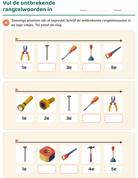 Voorbeeld van het Rangtelwoorden-werkblad met Gereedschap voor groep 3