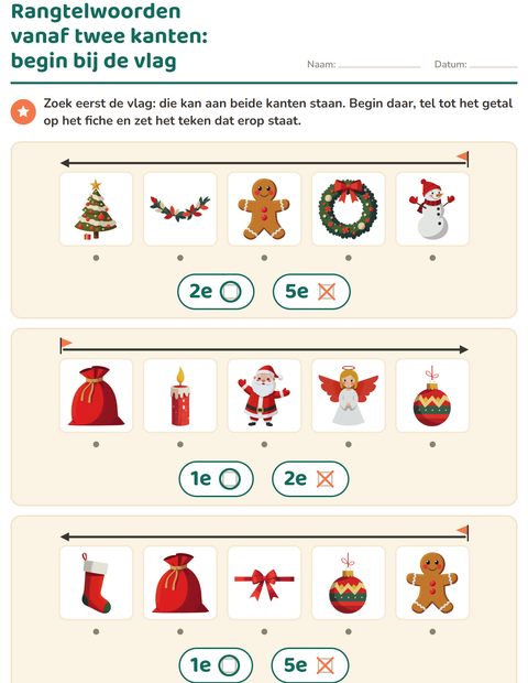 Voorbeeld van het Rangtelwoorden-werkblad met Kerstmis voor kleuterklas