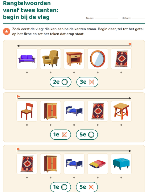 Voorbeeld van het Rangtelwoorden-werkblad met Meubels voor kleuterklas
