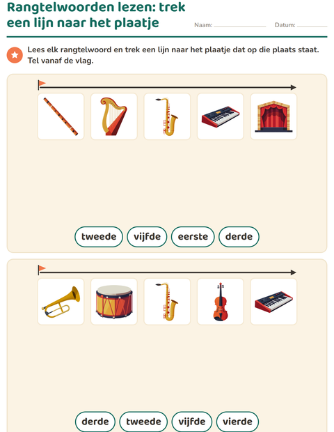 Voorbeeld van het Rangtelwoorden-werkblad met Muziek voor groep 3