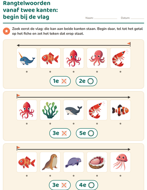 Voorbeeld van het Rangtelwoorden-werkblad met Oceaanleven voor kleuterklas