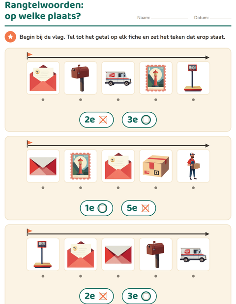 Voorbeeld van het Rangtelwoorden-werkblad met Postkantoor voor kleuterklas