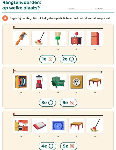 Voorbeeld van het Rangtelwoorden-werkblad met Rond het huis voor kleuterklas