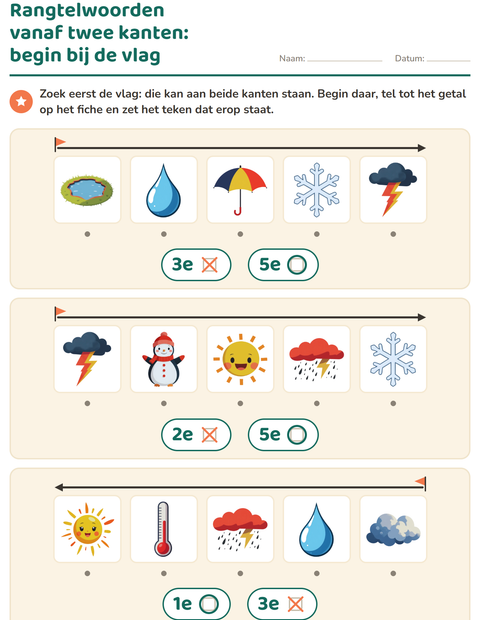 Voorbeeld van het Rangtelwoorden-werkblad met Weer voor kleuterklas