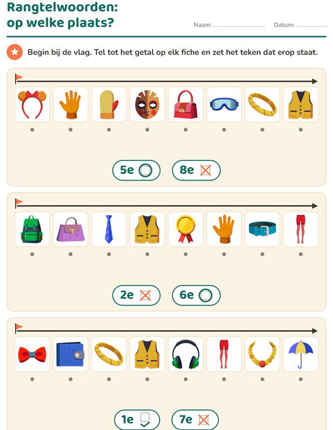 Voorbeeld van het Rangtelwoorden-werkblad met Accessoires voor kleuterklas