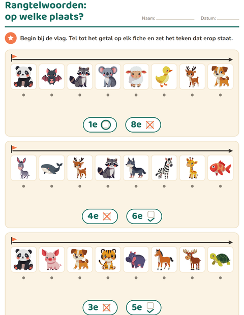 Voorbeeld van het Rangtelwoorden-werkblad met Dieren voor kleuterklas