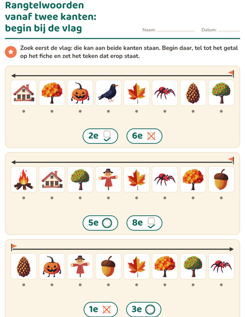 Voorbeeld van het Rangtelwoorden-werkblad met Diversen voor kleuterklas