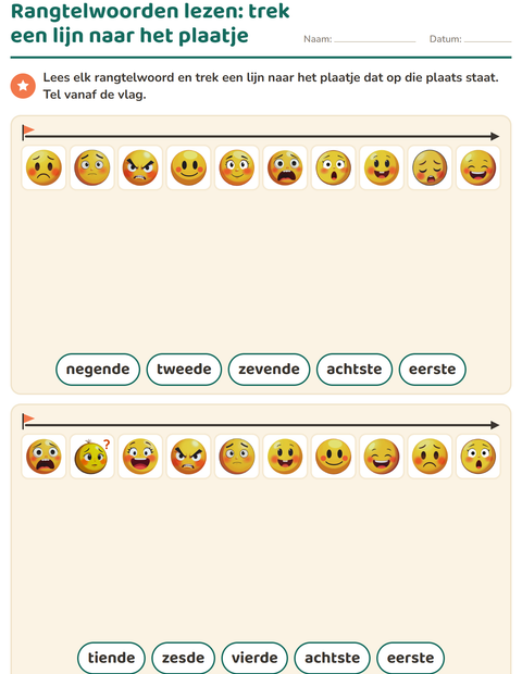 Voorbeeld van het Rangtelwoorden-werkblad met Emoties voor groep 3