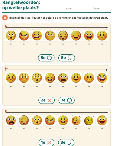 Voorbeeld van het Rangtelwoorden-werkblad met Emoties voor kleuterklas
