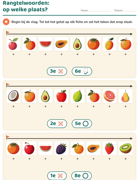 Voorbeeld van het Rangtelwoorden-werkblad met Fruit voor kleuterklas