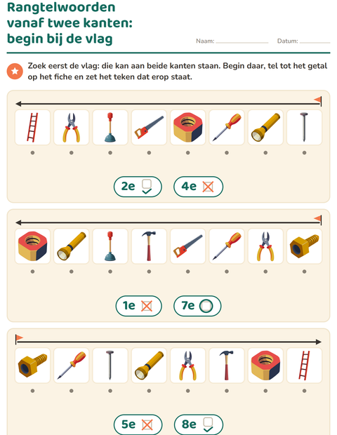 Voorbeeld van het Rangtelwoorden-werkblad met Gereedschap voor kleuterklas