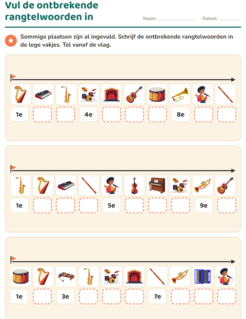 Voorbeeld van het Rangtelwoorden-werkblad met Muziek voor groep 3