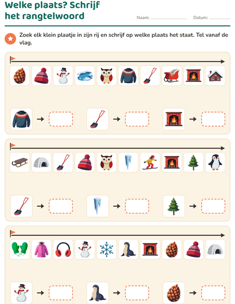 Voorbeeld van het Rangtelwoorden-werkblad met Winter voor groep 3