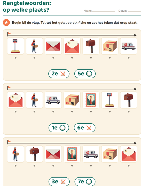 Voorbeeld van het Rangtelwoorden-werkblad met Postkantoor voor kleuterklas