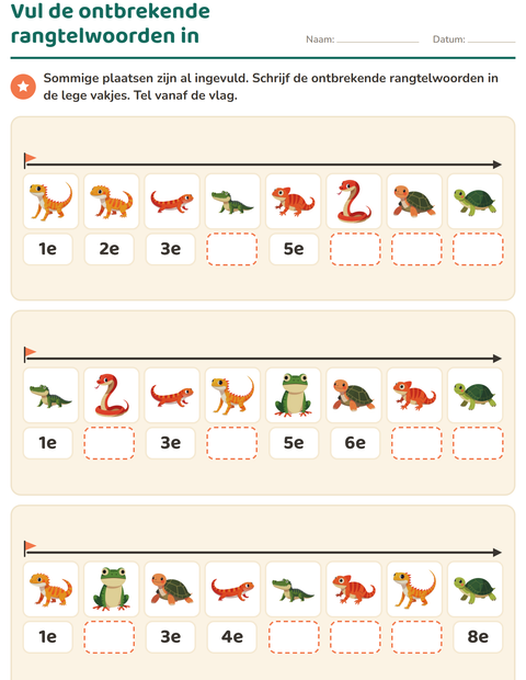Voorbeeld van het Rangtelwoorden-werkblad met Reptielen en amfibieën voor groep 3