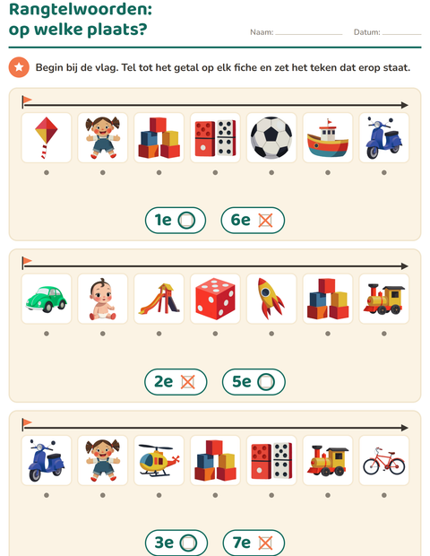 Voorbeeld van het Rangtelwoorden-werkblad met Speelgoed voor kleuterklas