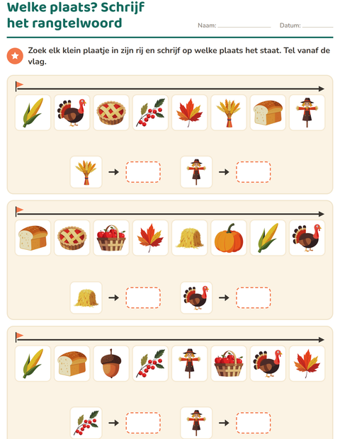 Voorbeeld van het Rangtelwoorden-werkblad met Thanksgiving voor groep 3