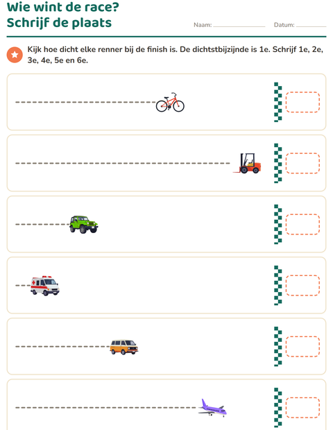 Voorbeeld van het Rangtelwoorden-werkblad met Voertuigen voor groep 3