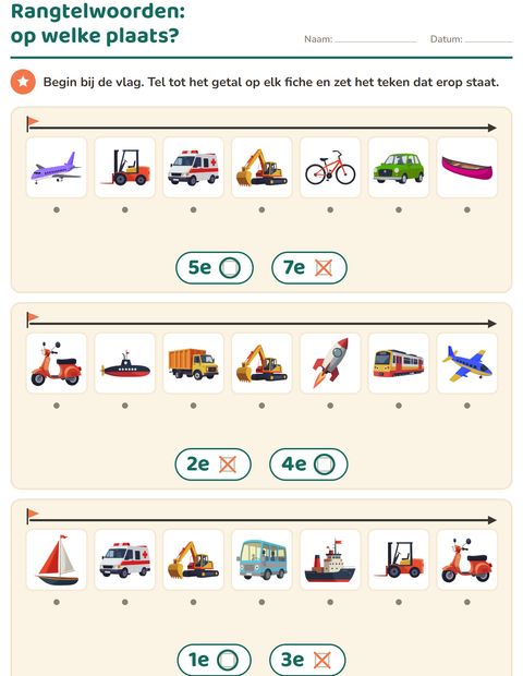 Voorbeeld van het Rangtelwoorden-werkblad met Voertuigen voor kleuterklas