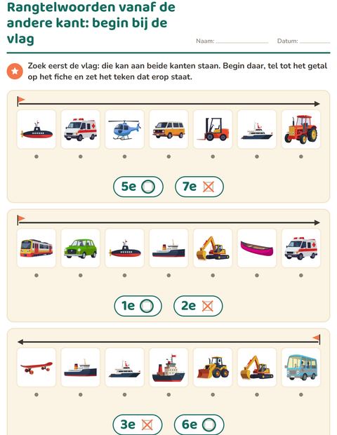 Voorbeeld van het Rangtelwoorden-werkblad met Voertuigen voor kleuterklas