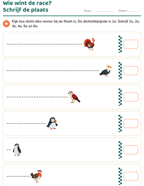 Voorbeeld van het Rangtelwoorden-werkblad met Vogels 2 voor groep 3