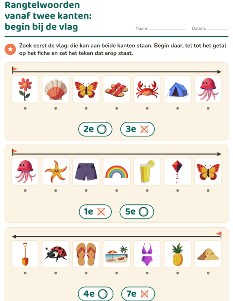 Voorbeeld van het Rangtelwoorden-werkblad met Zomer voor kleuterklas