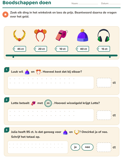 Voorbeeld van het Rekenen met geld-werkblad met Accessoires voor groep 4