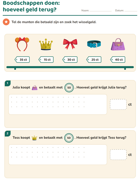 Voorbeeld van het Rekenen met geld-werkblad met Accessoires voor groep 4