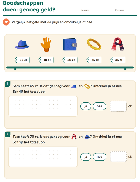 Voorbeeld van het Rekenen met geld-werkblad met Accessoires voor groep 4