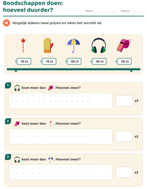 Voorbeeld van het Rekenen met geld-werkblad met Accessoires voor groep 4