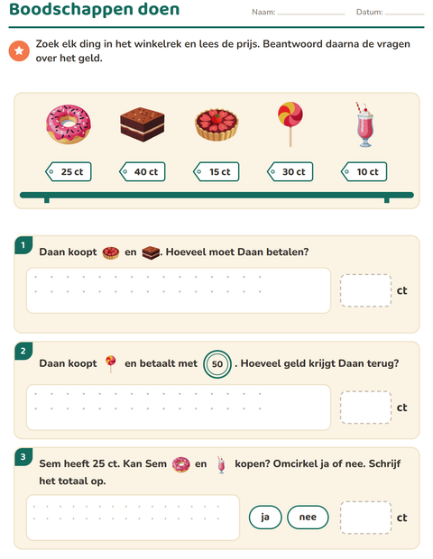 Voorbeeld van het Rekenen met geld-werkblad met Desserts en snoep voor groep 4