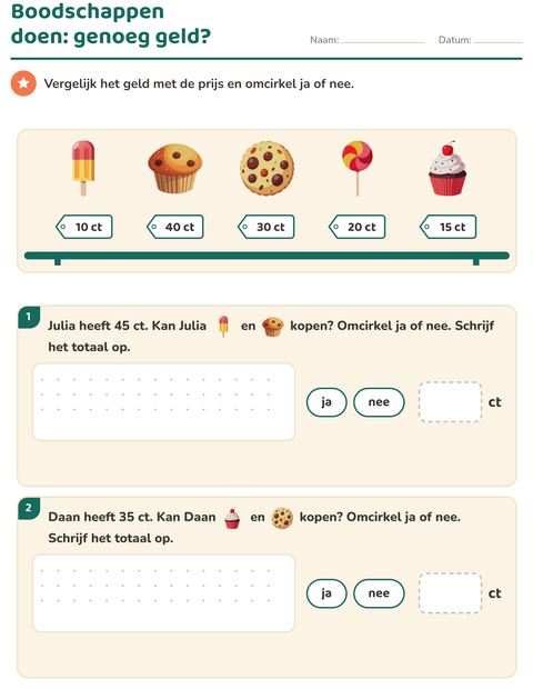 Voorbeeld van het Rekenen met geld-werkblad met Desserts en snoep voor groep 4