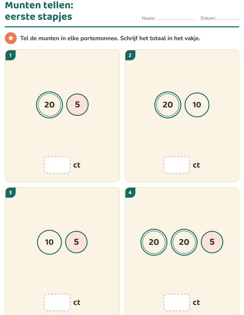 Voorbeeld van het Rekenen met geld-werkblad voor groep 3