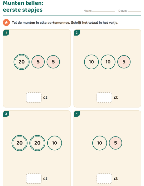 Voorbeeld van het Rekenen met geld-werkblad voor groep 3
