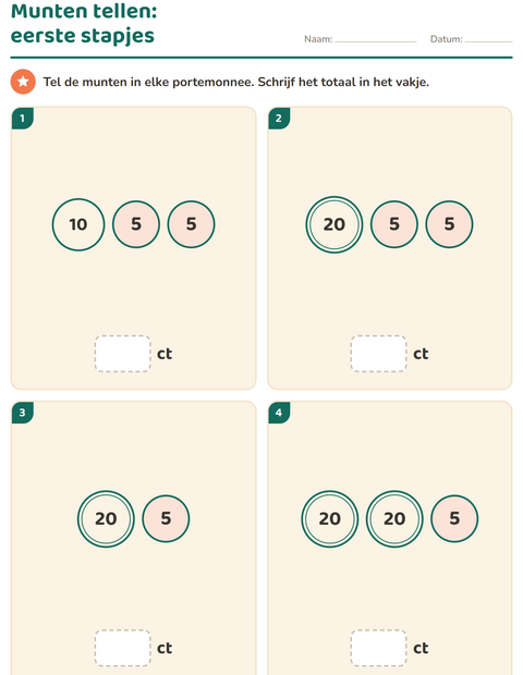 Voorbeeld van het Rekenen met geld-werkblad voor groep 3