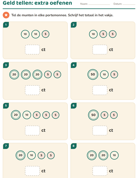 Voorbeeld van het Rekenen met geld-werkblad voor groep 3