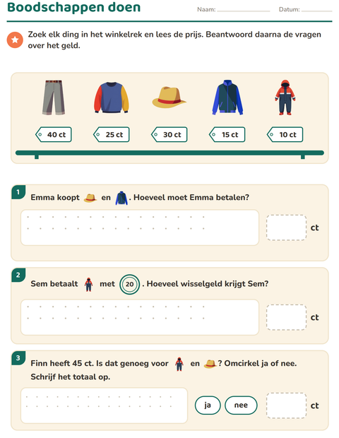 Voorbeeld van het Rekenen met geld-werkblad met Kleding voor groep 4